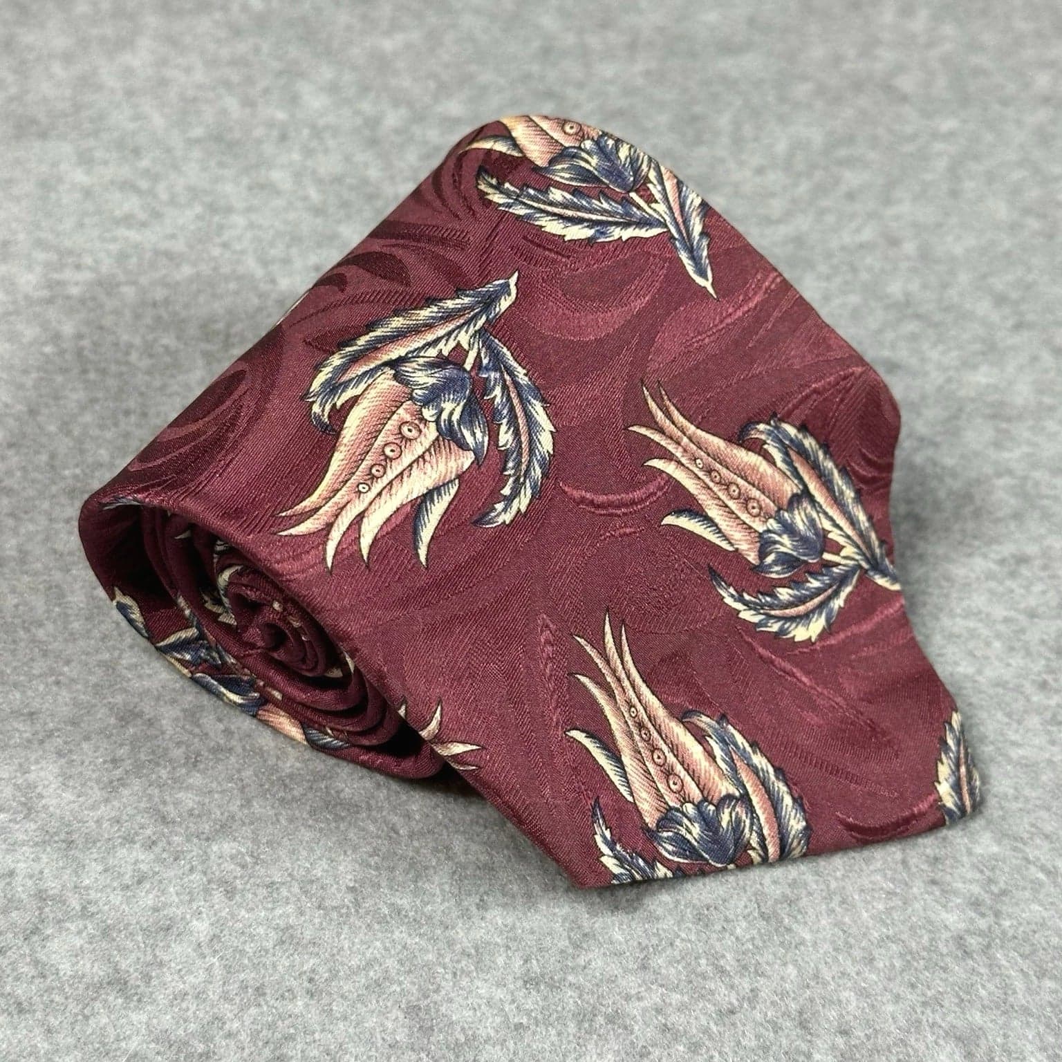 Vintage B Altman Silk Tie, Burgundy Floral Narrow 90s Mens Necktie 58x3.75in