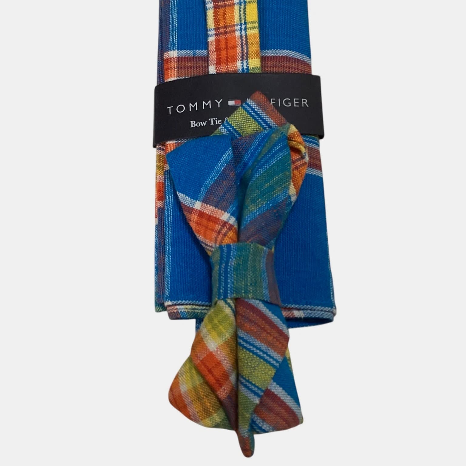 TOMMY HILFIGER Cotton BOW TIE & POCKET SQUARE Set Designer PLAID Blue/Multi - NEW