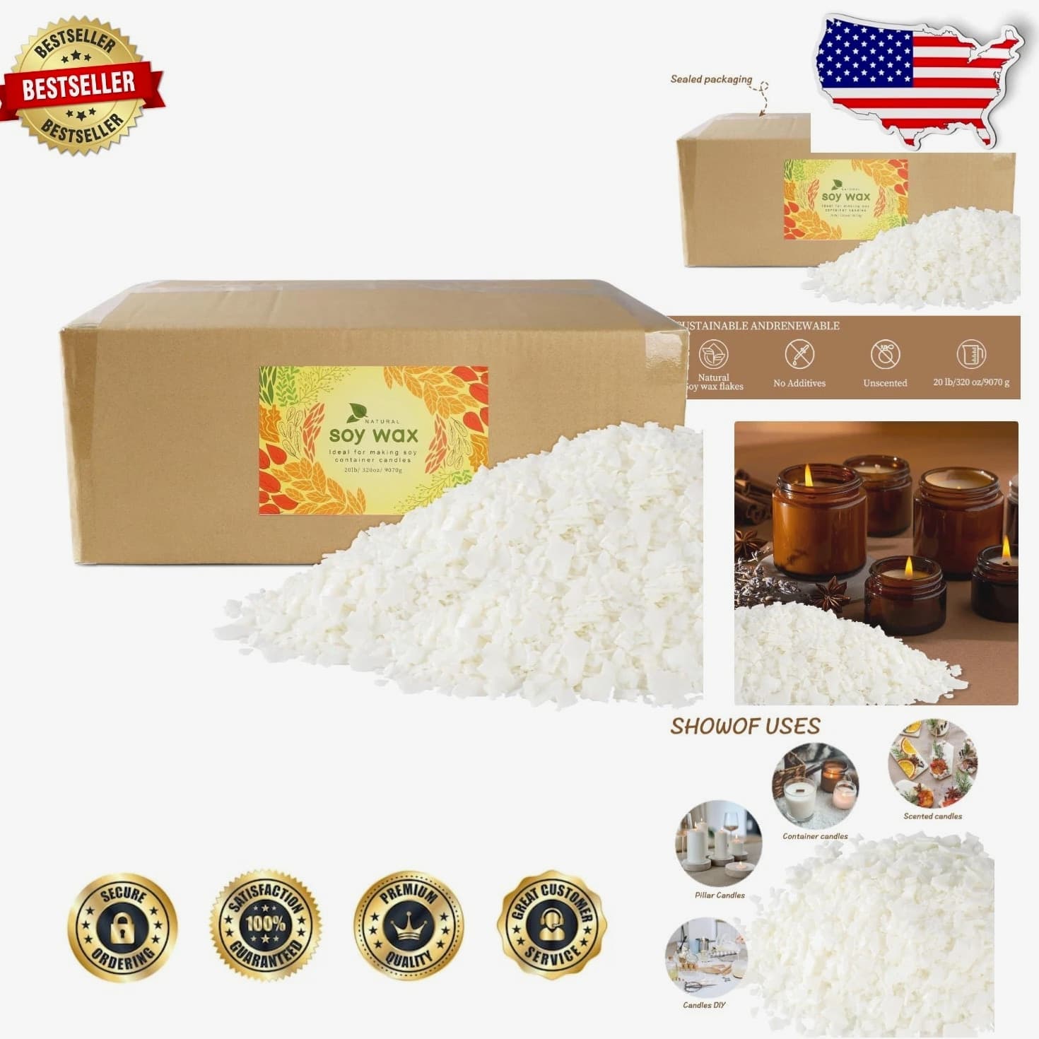 Bulk 20 lb Natural Soy Wax for Candle Making - Easy Melt Unscented Flakes